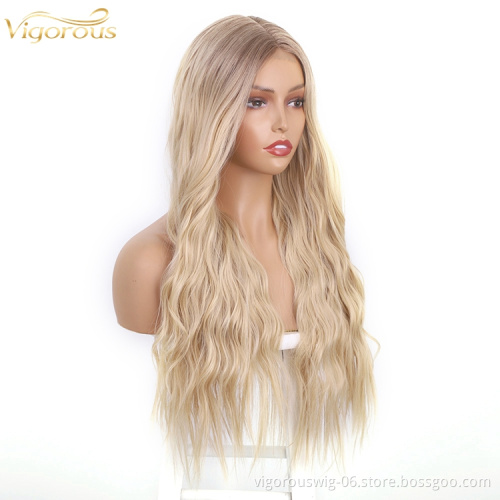 Lace Synthetic Wig Colored Blonde Hair Long Body Wavy Middle Part High Quality Good Premium Hair Cheap Price